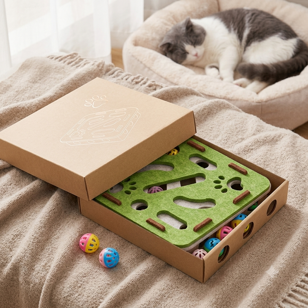 Jouet puzzle en feutre pour chat, boîte interactive avec balle