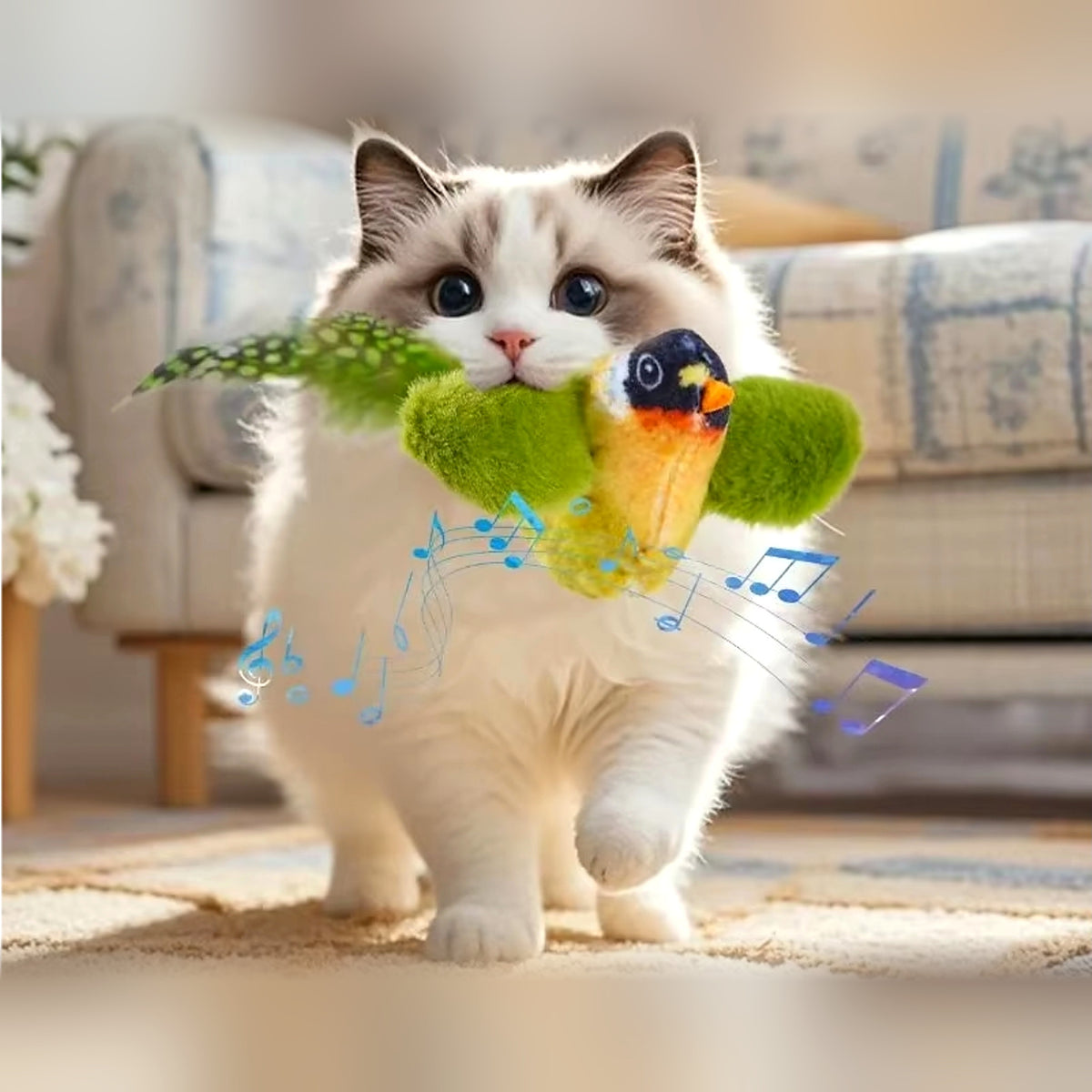 Peluche oiseau pour chat avec son intégré